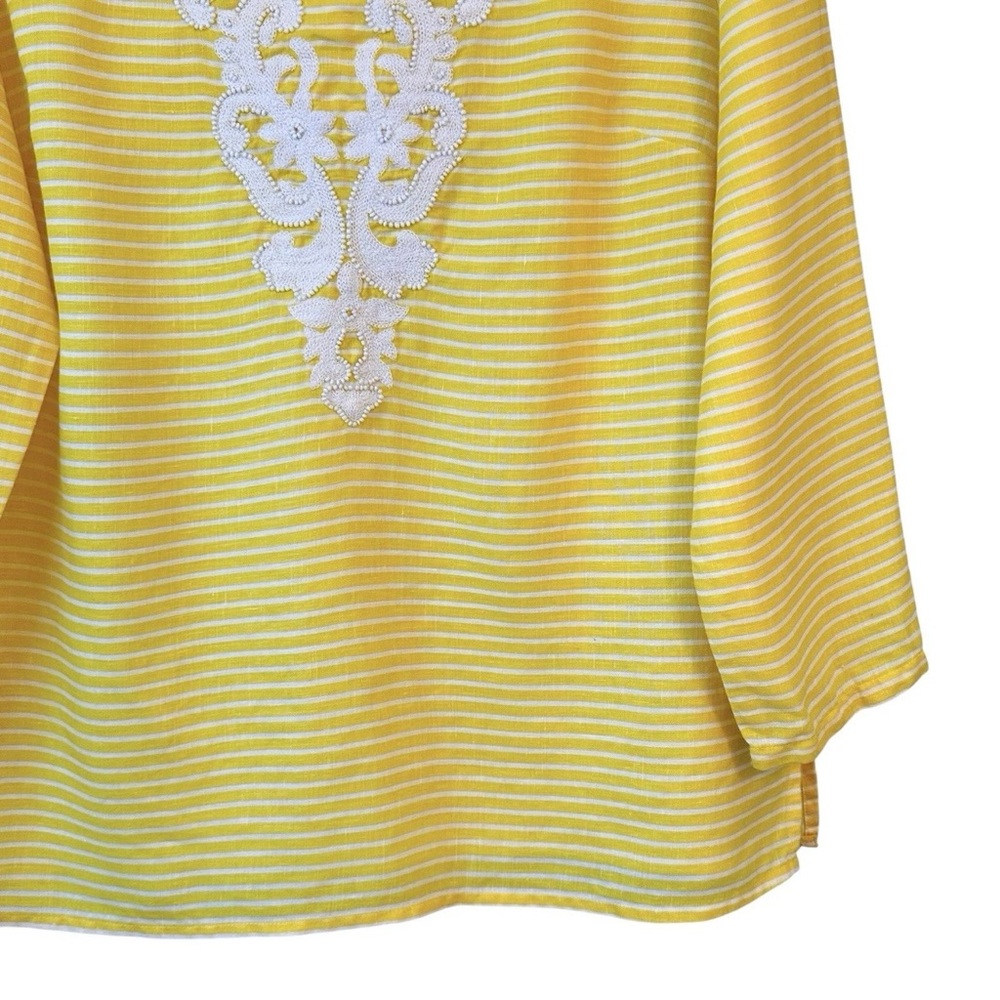 Talbots M Linen Top Yellow White Stripe V Notch Embroidery Beaded Coastal Beach - Picture 6 of 13